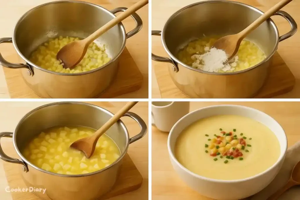 Four-step composite showing the soup preparation from sauté to serving.