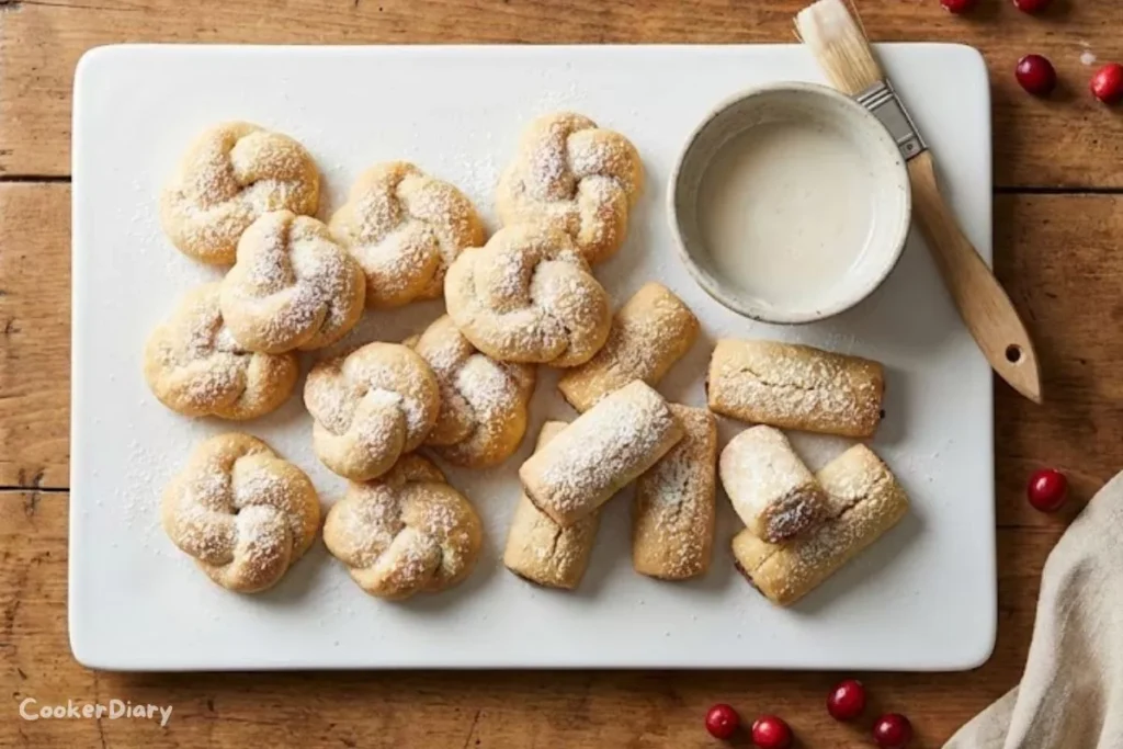 Top-down view of Italian Christmas cookies on a white platter, dusted with powdered sugar.