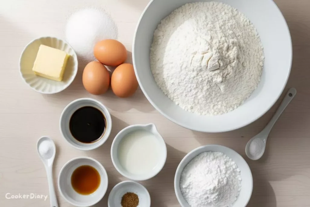 Flat-lay of ingredients for Italian Christmas cookies on a wooden countertop.