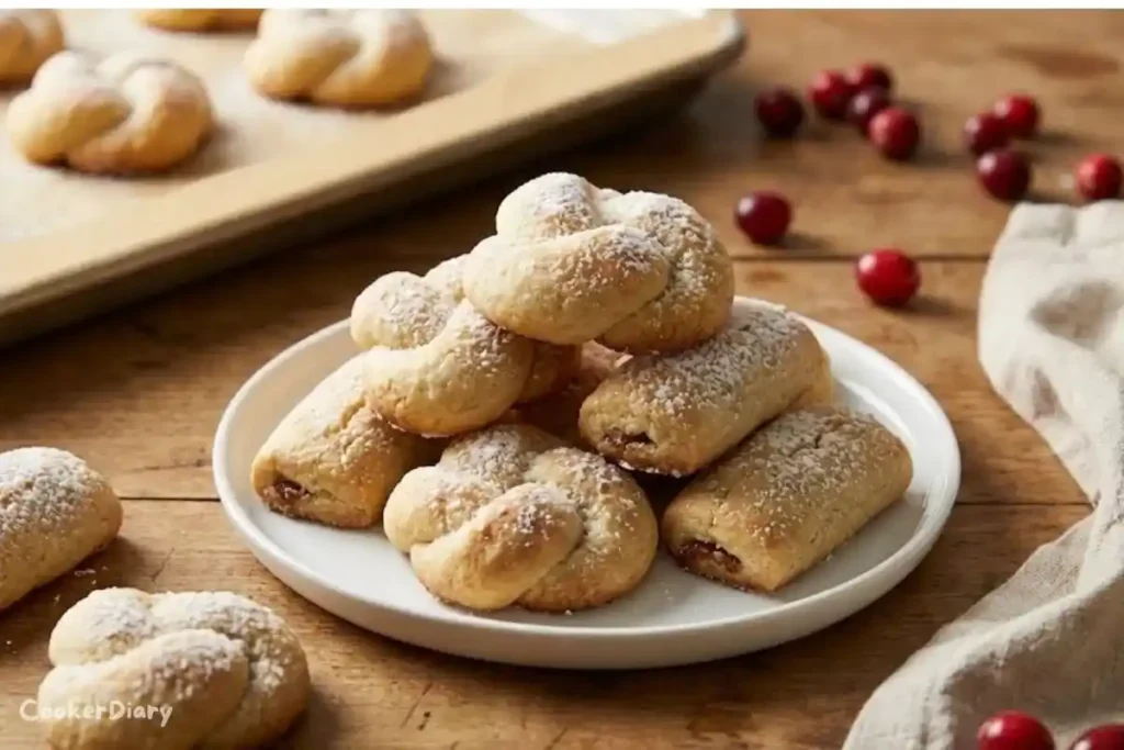 Angled close-up of Italian Christmas cookies with powdered sugar and golden edges.