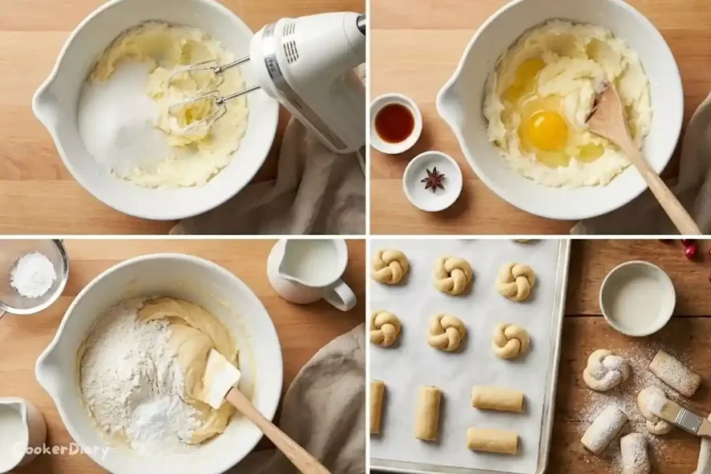 Four-step composite showing the cookies from dough mixing to glazed baked cookies.