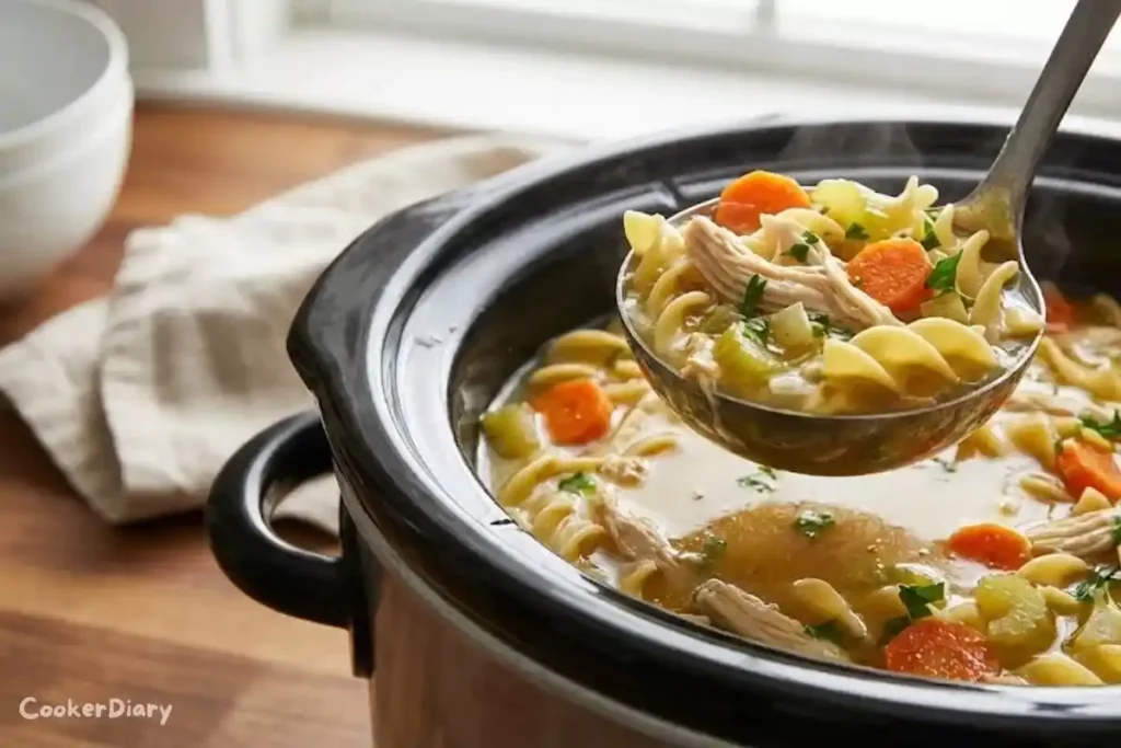 Angled close-up of a ladle lifting chicken noodle soup from a crockpot.
