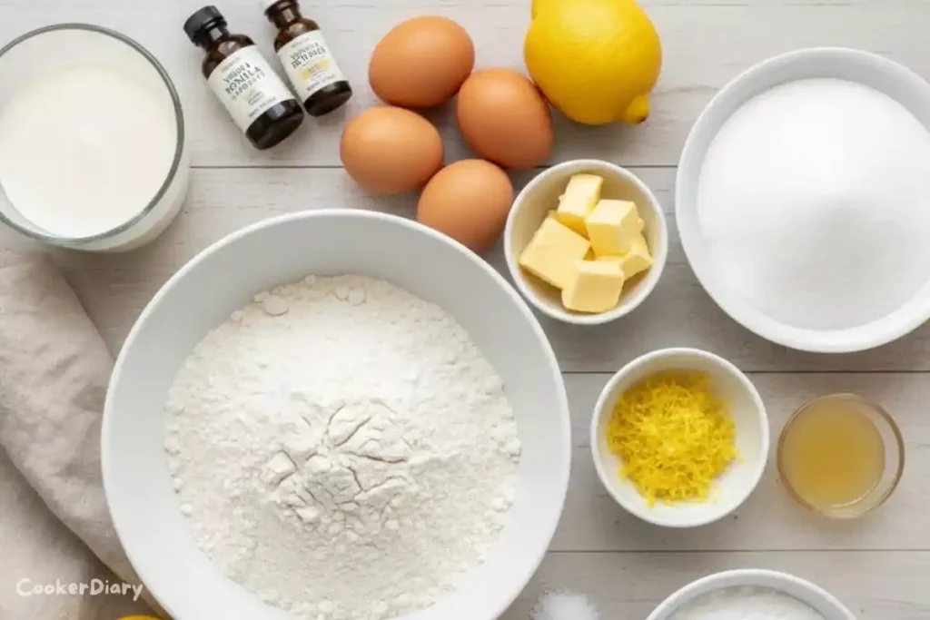 Flat-lay of raw ingredients for lemon bundt cake arranged neatly on a wooden countertop.