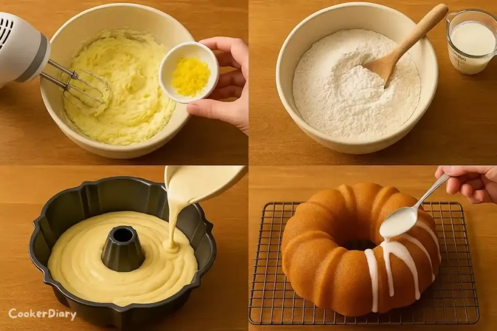 Four-step composite of creaming batter, mixing, filling bundt pan, and glazing the cake.