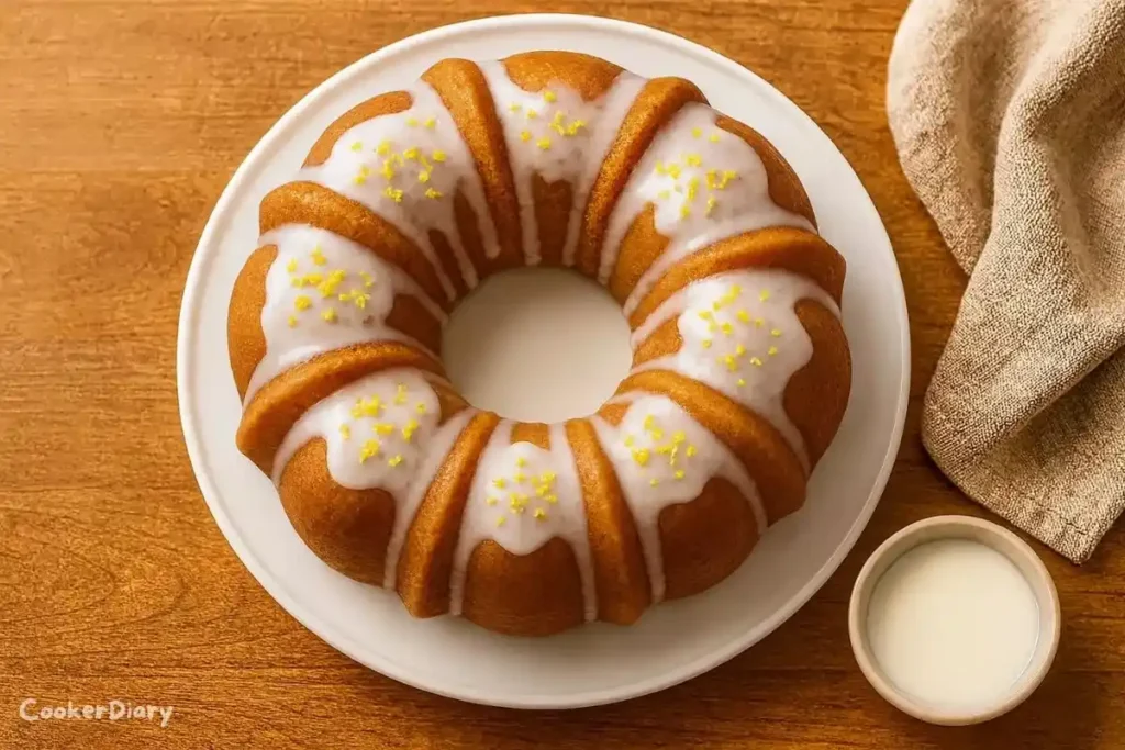 Top-down view of glazed lemon bundt cake with lemon zest on a white stand.