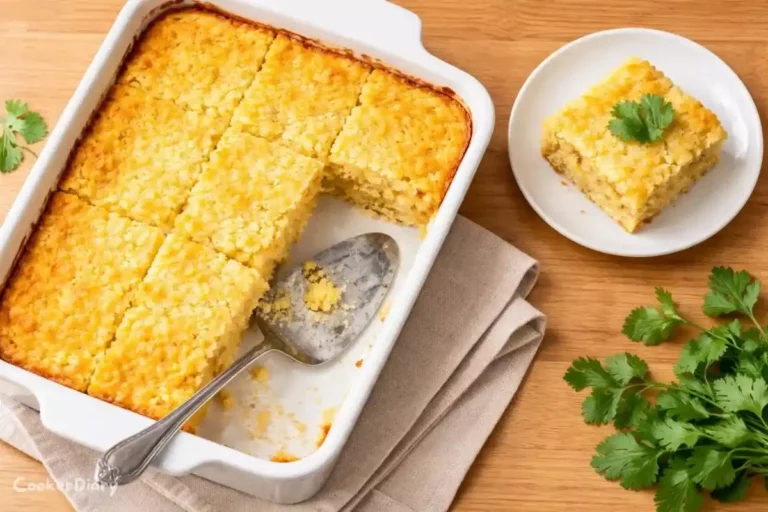 Top-down view of golden Mexican corn cake in a white baking dish.