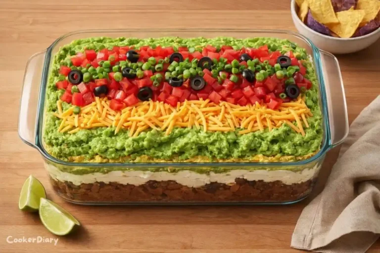 Top-down view of old fashioned 7-layer dip in OXO 9×13 glass baking dish.