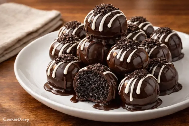 Close-up side angle of Oreo balls showing creamy filling.