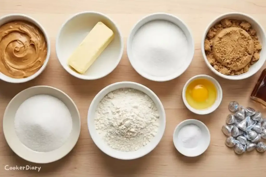 Flat-lay of peanut butter blossom cookie ingredients on a wooden counter.