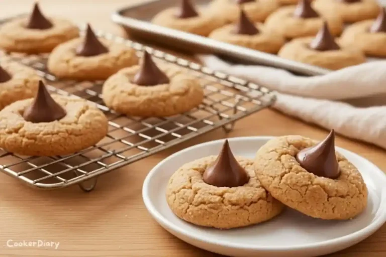 Angled close-up of peanut butter blossom cookies cooling on a rack.