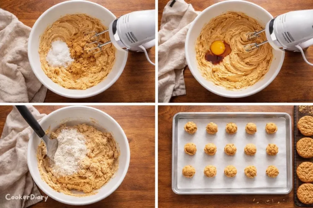 Four-step composite showing the cookies preparation from mixing to baking.