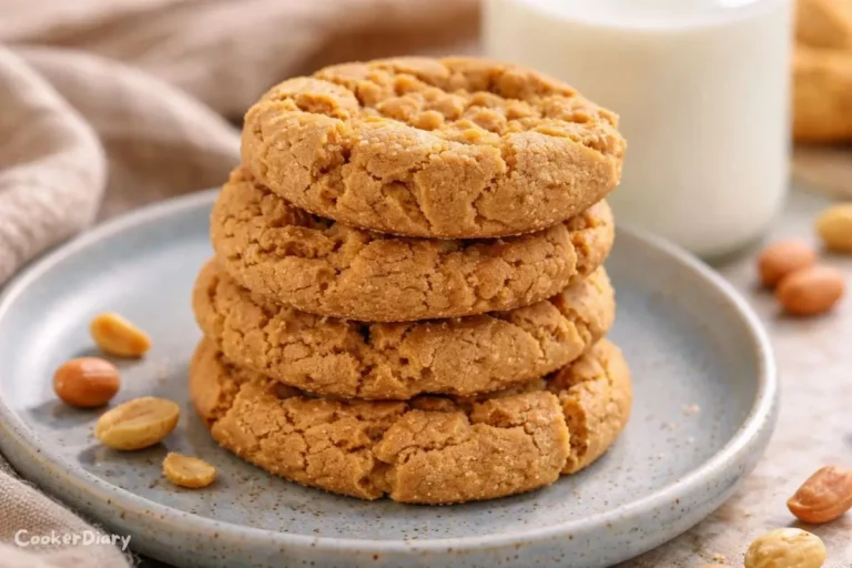 Angled close-up of baked peanut butter cookies showing golden edges and chewy center.