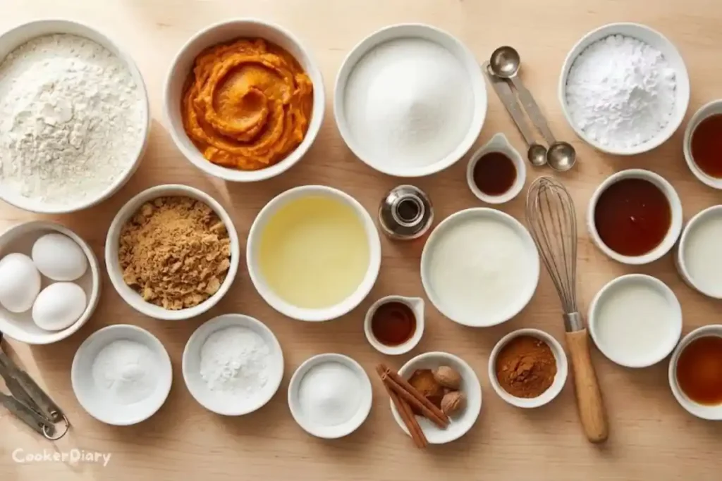 Flat-lay of pumpkin bundt cake ingredients in white bowls on wooden counter.