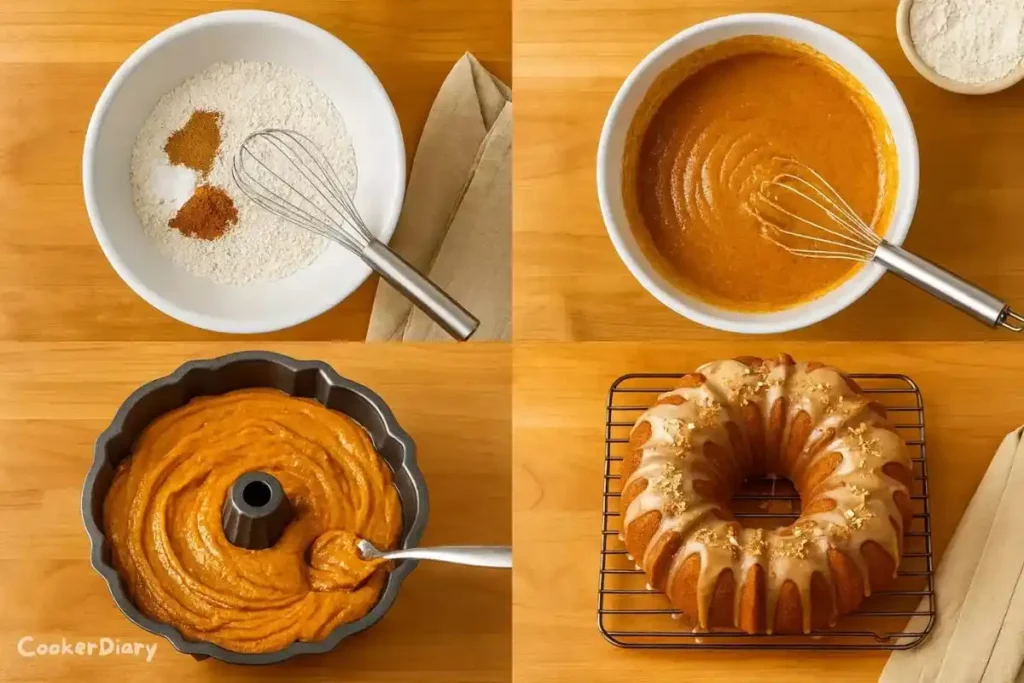 Four-step visual showing mixing, combining, baking, and glazing a cake.