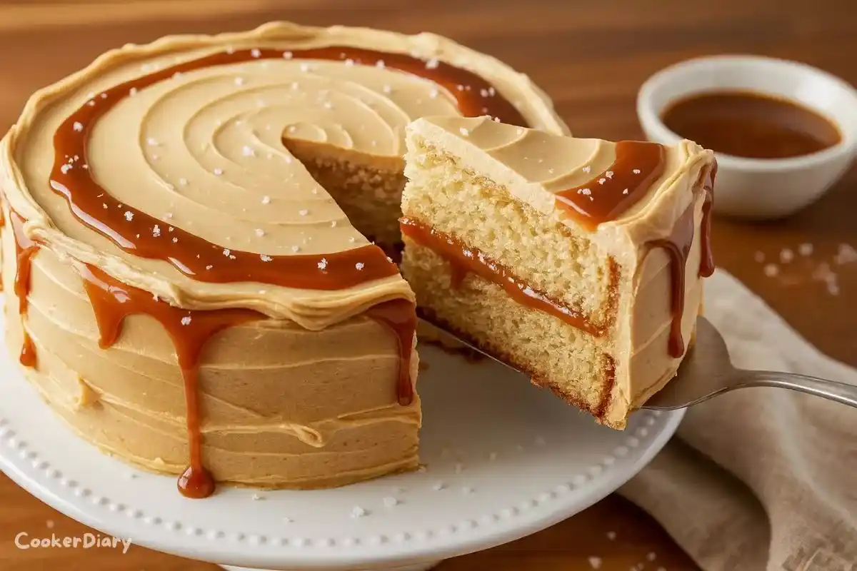 Angled close-up of salted caramel cake slice showing caramel layers and frosting texture.