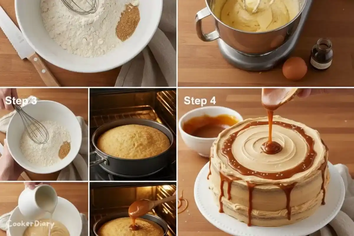 Four-step composite showing the process of making the cake from mixing to assembly.