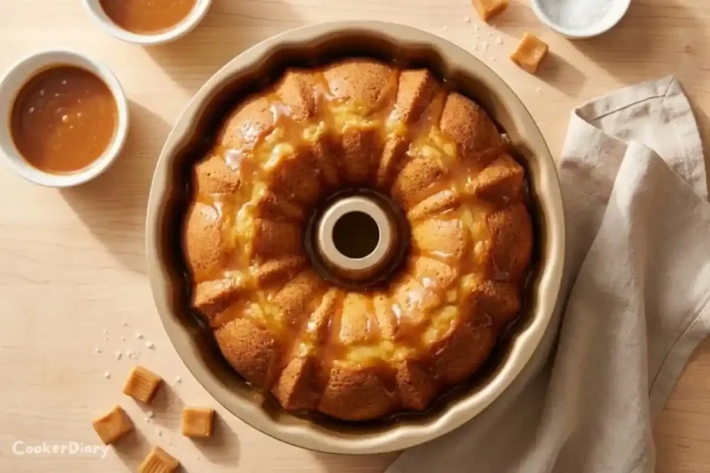 Top-down view of salted caramel Kentucky butter cake in a Bundt pan with glaze and caramel drizzle.