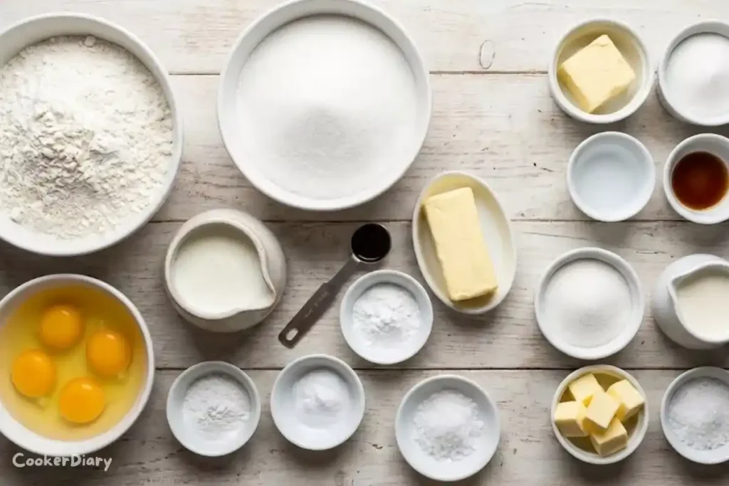 Flat-lay of all ingredients for salted caramel Kentucky butter cake on a wooden counter.