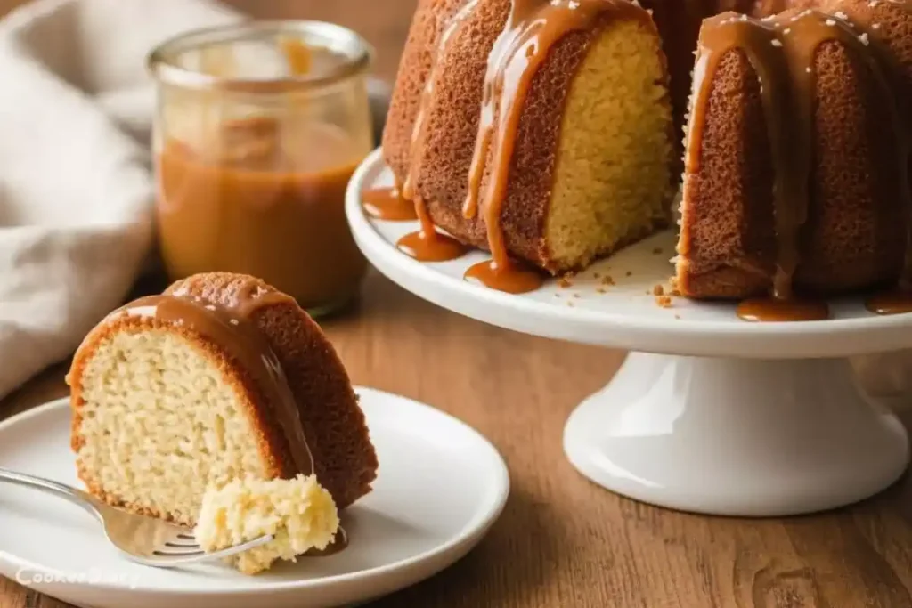 Angled close-up of salted caramel Kentucky butter cake slice showing buttery texture and caramel drizzle.
