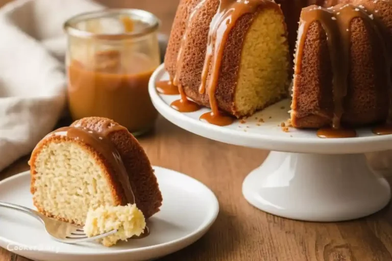 Angled close-up of salted caramel Kentucky butter cake slice showing buttery texture and caramel drizzle.