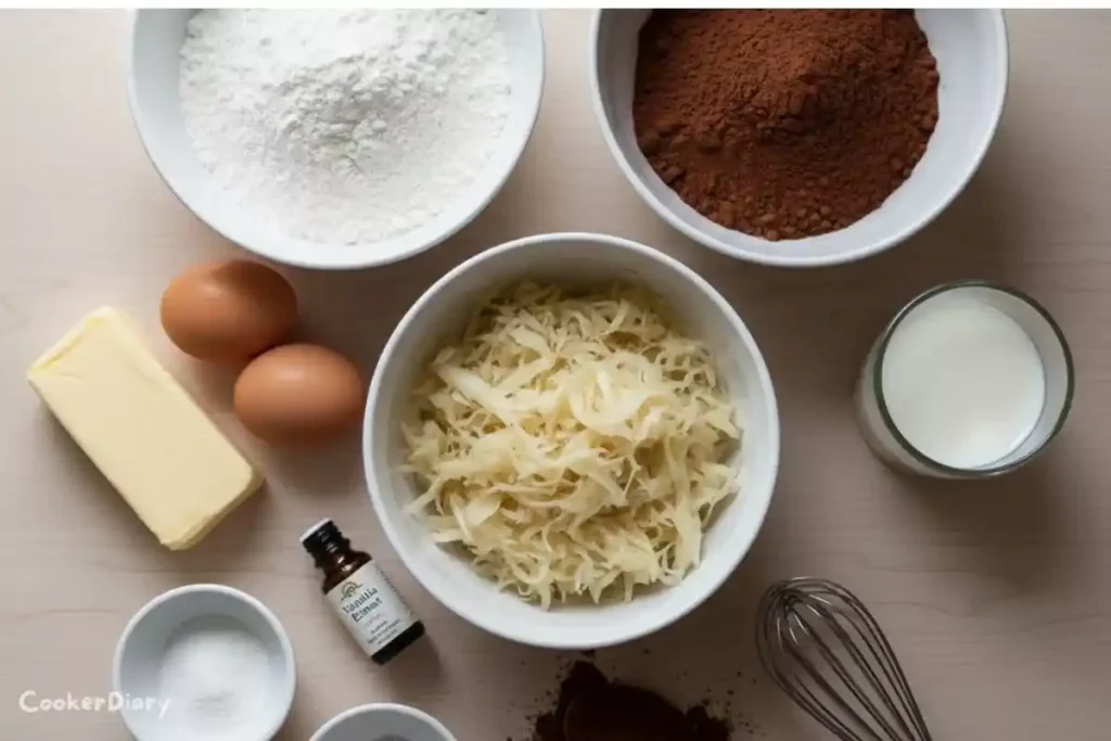 Flat-lay of ingredients for sauerkraut chocolate cake on wooden surface.