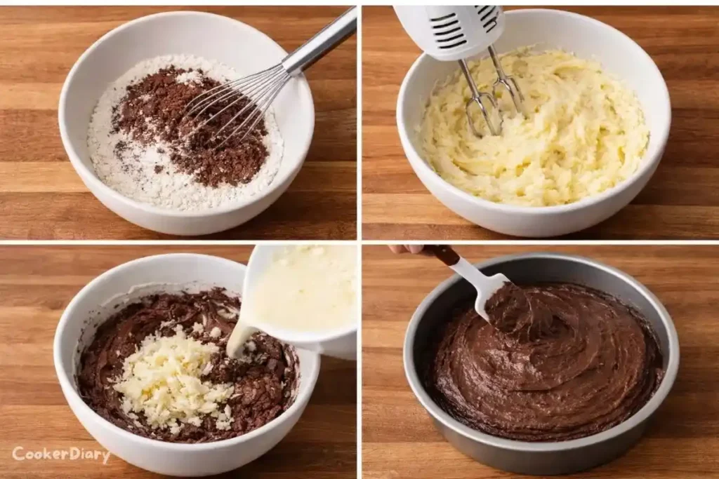 Step-by-step composite showing how to make the cake.