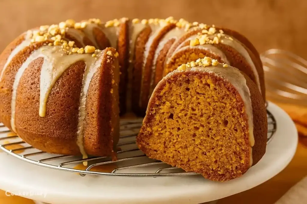 Angled close-up of pumpkin bundt cake with maple glaze and one slice removed.