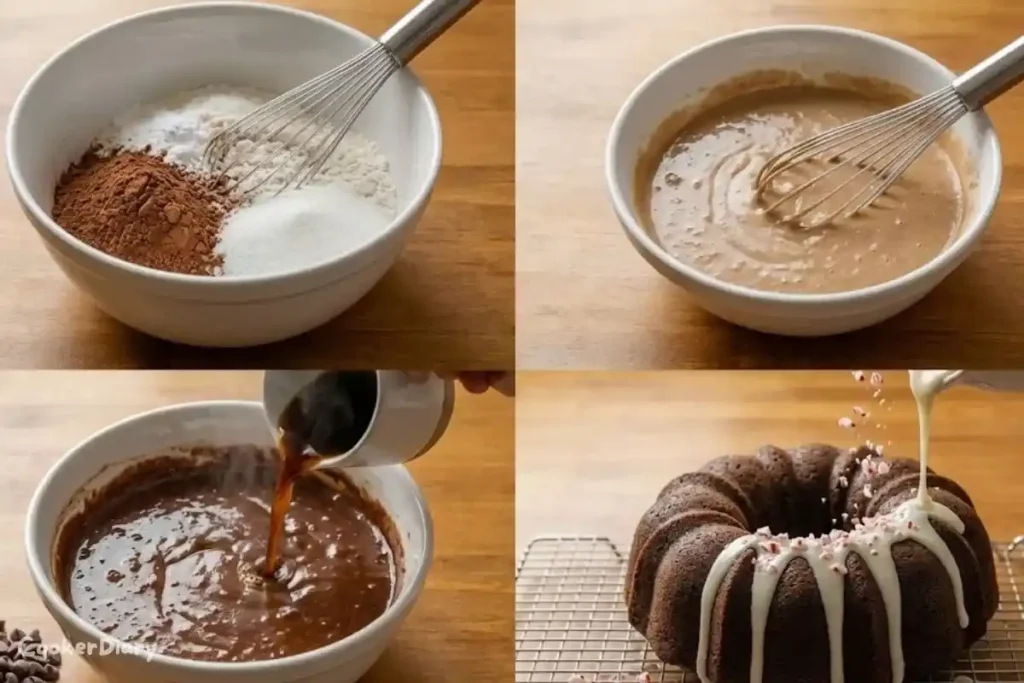Four-step composite showing mixing, combining, baking, and glazing a chocolate peppermint Bundt cake.