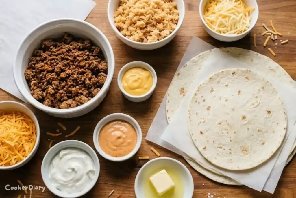 Flat-lay of Taco Bell quesarito ingredients on wooden surface.