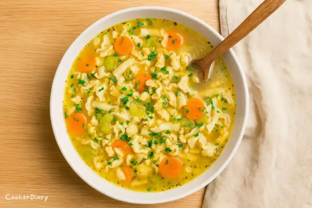 Top-down view of vegan chicken noodle soup in a white bowl with fresh parsley garnish.