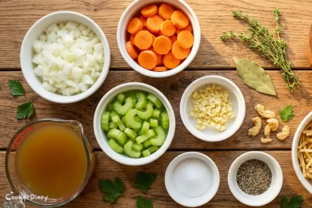 Flat-lay of raw ingredients for vegan chicken noodle soup on wooden surface.