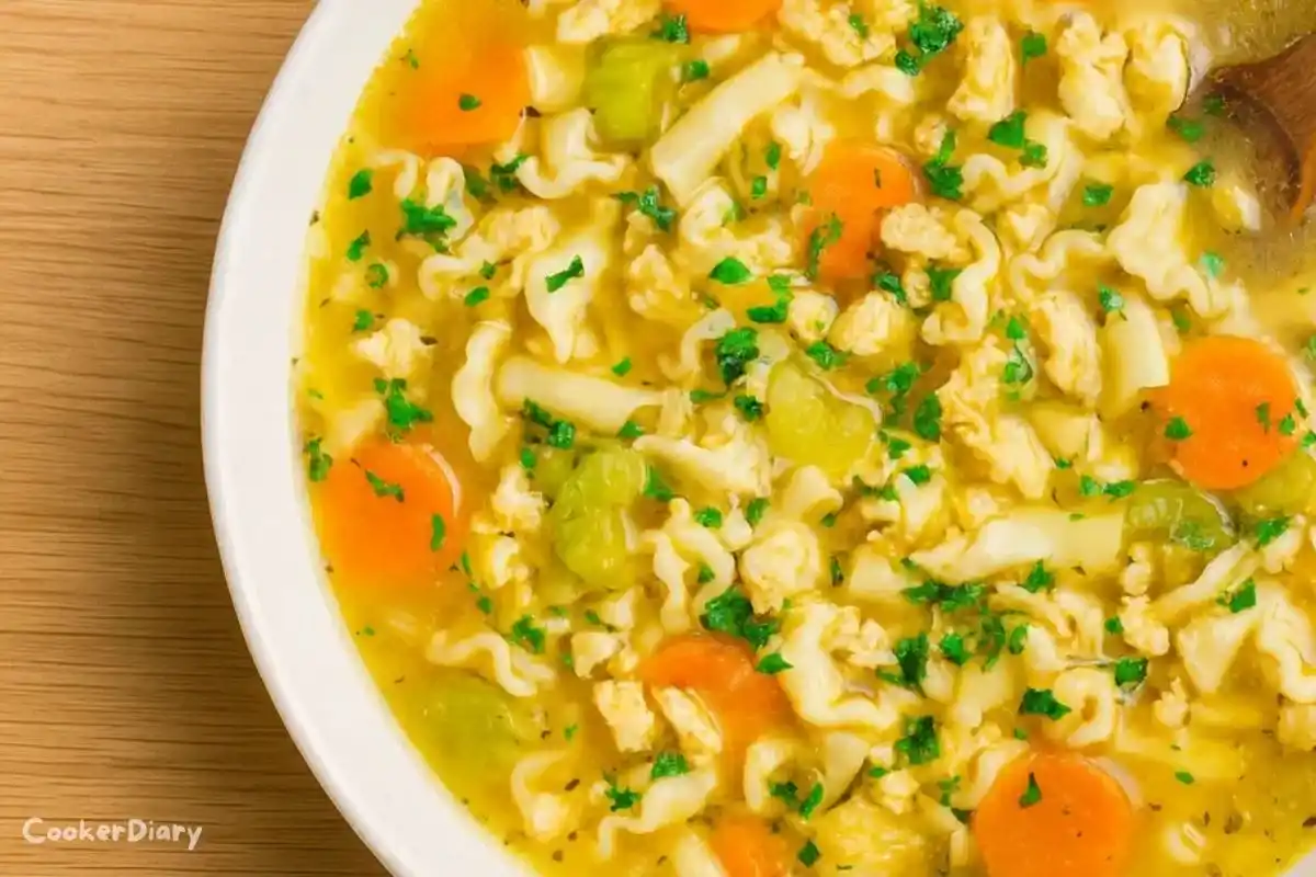 Angled close-up of vegan chicken noodle soup showing noodles, soy curls, and vegetables in broth.