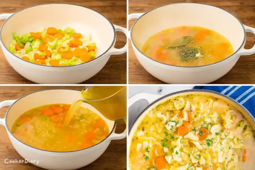 Four-step composite showing the soup preparation from sautéing to serving.