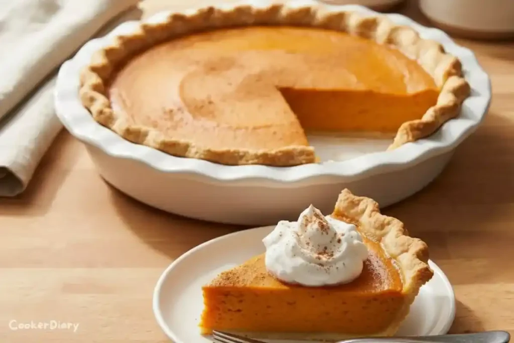 Angled close-up view of vegan sweet potato pie with a sliced piece served on a white plate.