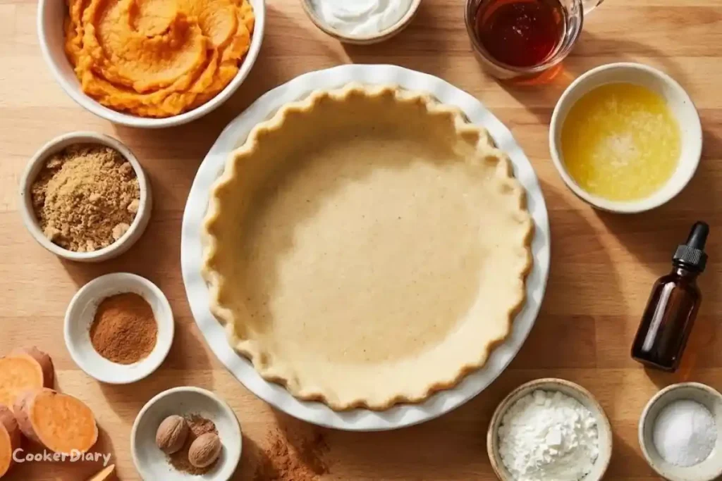 Flat-lay of vegan sweet potato pie ingredients arranged in white bowls on a wooden surface.