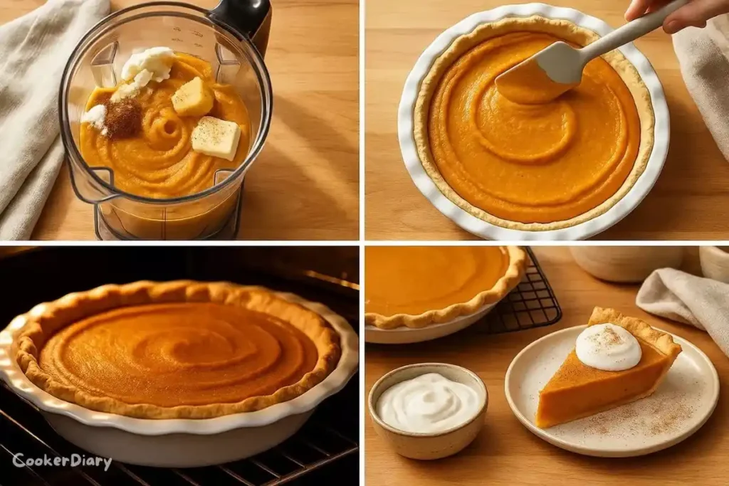 Four-step visual guide showing blending, pouring, baking, and cooling the pie.