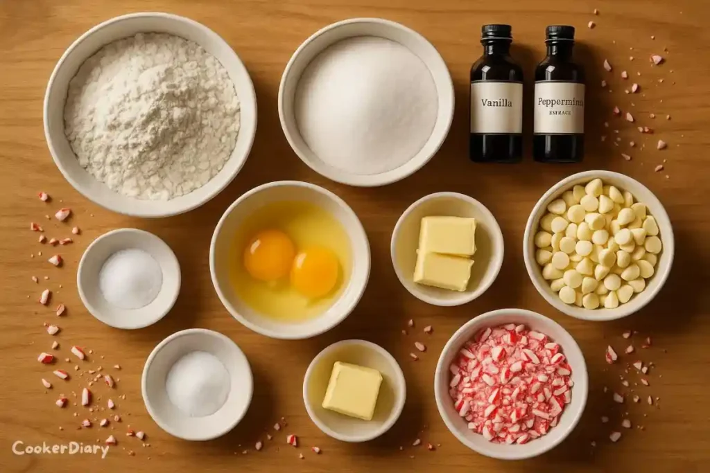 Flat-lay of ingredients for white chocolate peppermint cookies on a rustic kitchen surface.