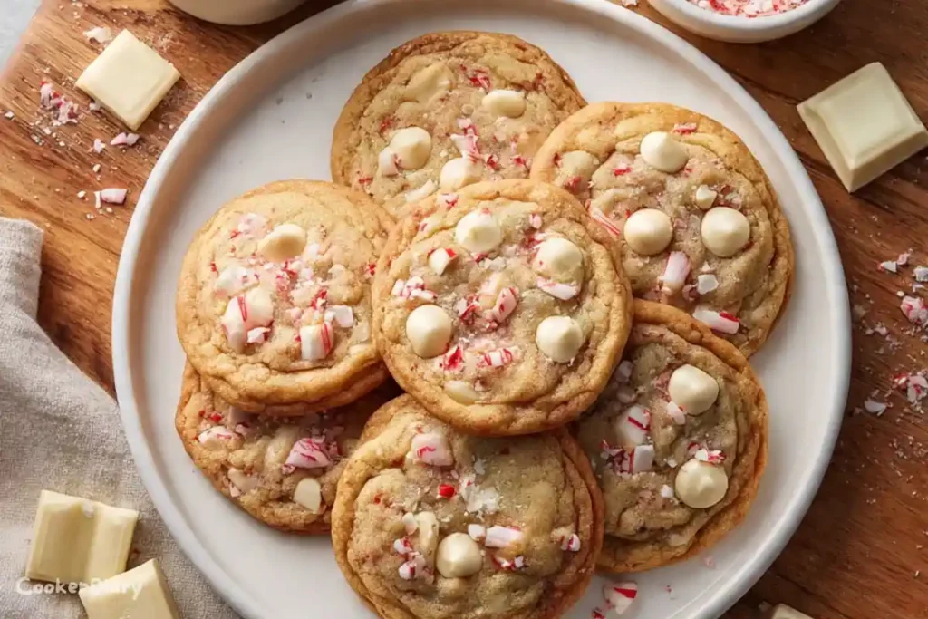 Top-down view of white chocolate peppermint cookies arranged on a plate with candy cane pieces.