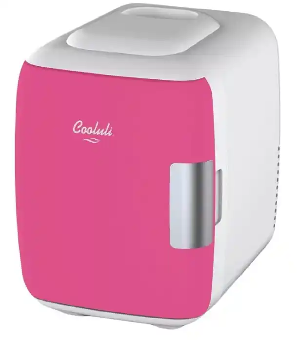 Cooluli mini fridge product on a countertop for drinks and skincare