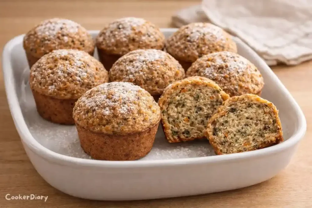 Close-up, angled view of carrot zucchini muffins in a muffin tin, one cut open to show fluffy interior.