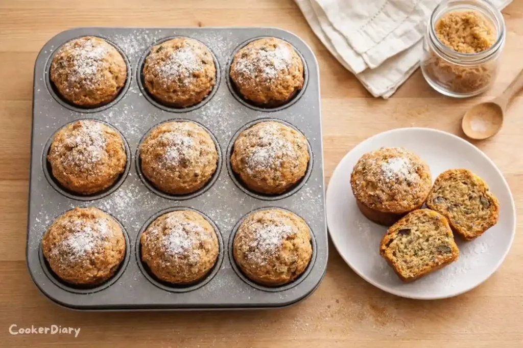 Top-down view of freshly baked carrot zucchini muffins on a light wooden countertop, some on a white plate, one cut open to show moist interior.