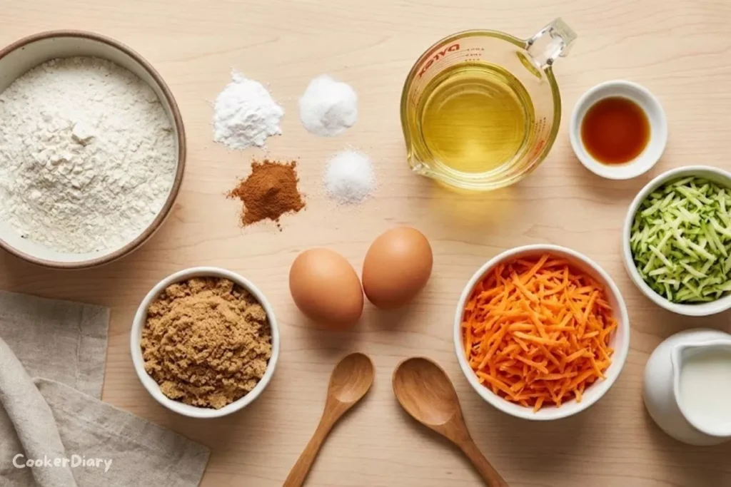 Flat-lay of all raw ingredients for carrot zucchini muffins, including grated carrots and zucchini, eggs, flour, sugar, and spices.