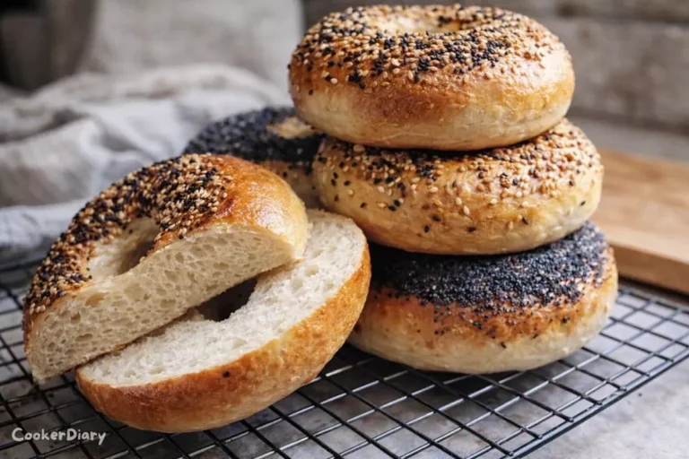 Side view of thick New York-style bagels showing chewy interior
