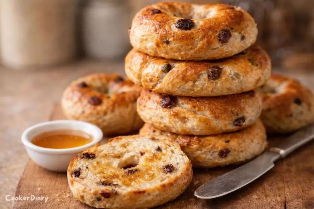 Side view of cinnamon raisin bagels stacked on a board