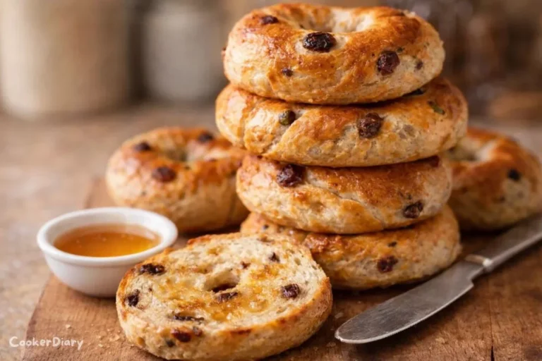 Side view of cinnamon raisin bagels stacked on a board