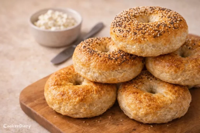 Side view of cottage cheese bagels showing fluffy interior