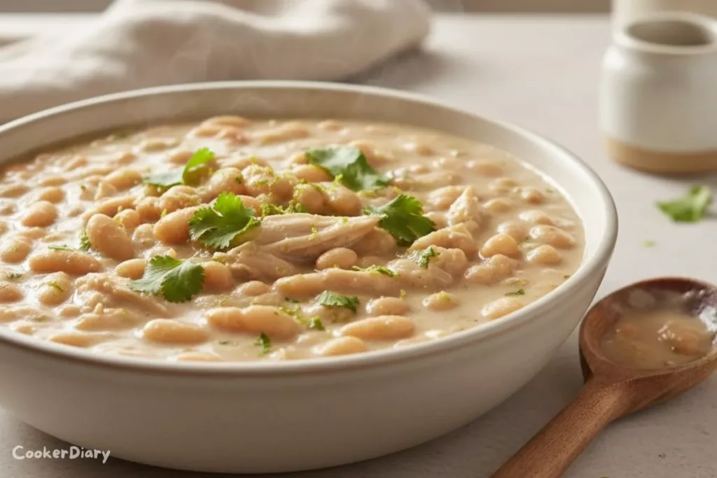 Side angle view of creamy white chicken chili in a bowl