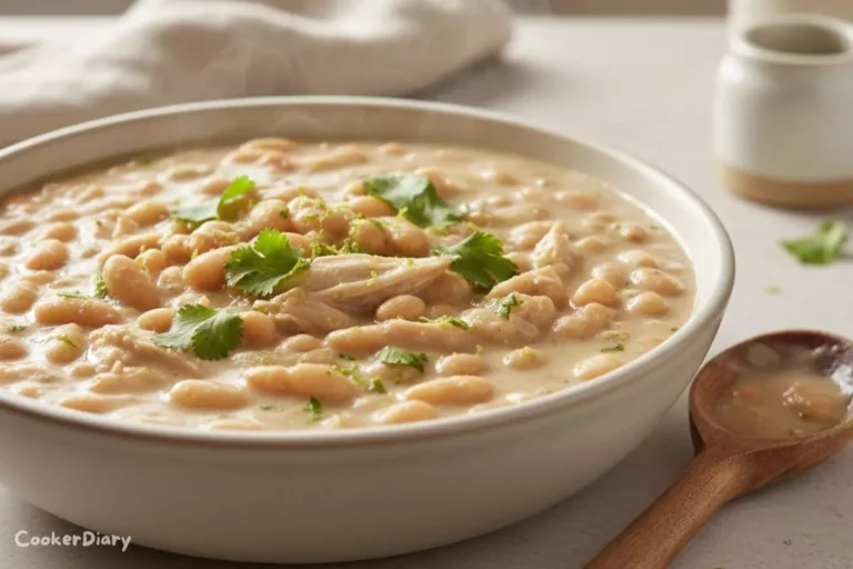 Side angle view of creamy white chicken chili in a bowl