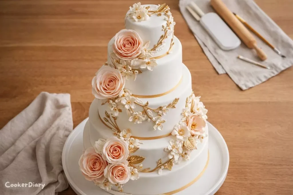 Top-down view of a three-tiered floral fondant wedding cake decorated with blush gum paste flowers and gold leaf vines.
