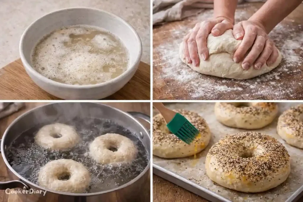 Four-step visual guide showing how to make everything bagel recipe from dough to baking